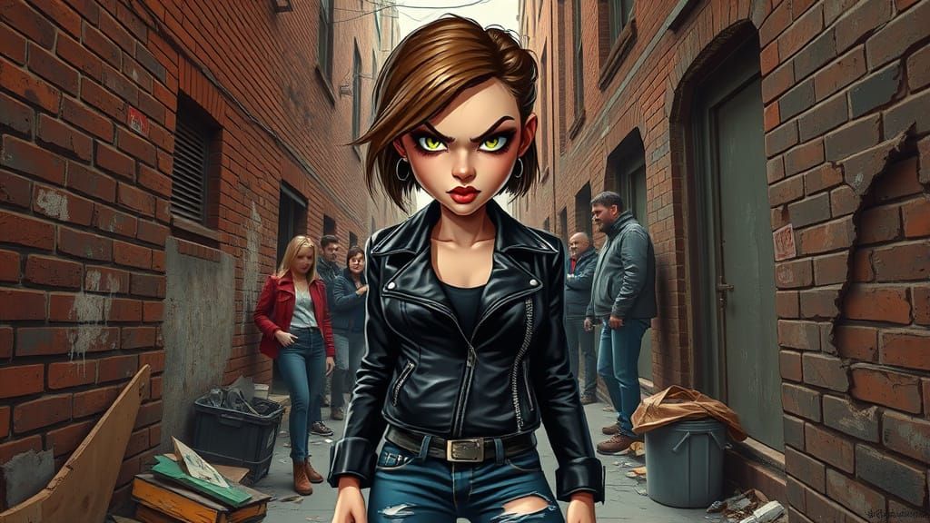 Rebellious Woman in Urban Alleyway, Hyper-Realistic Caricatu...