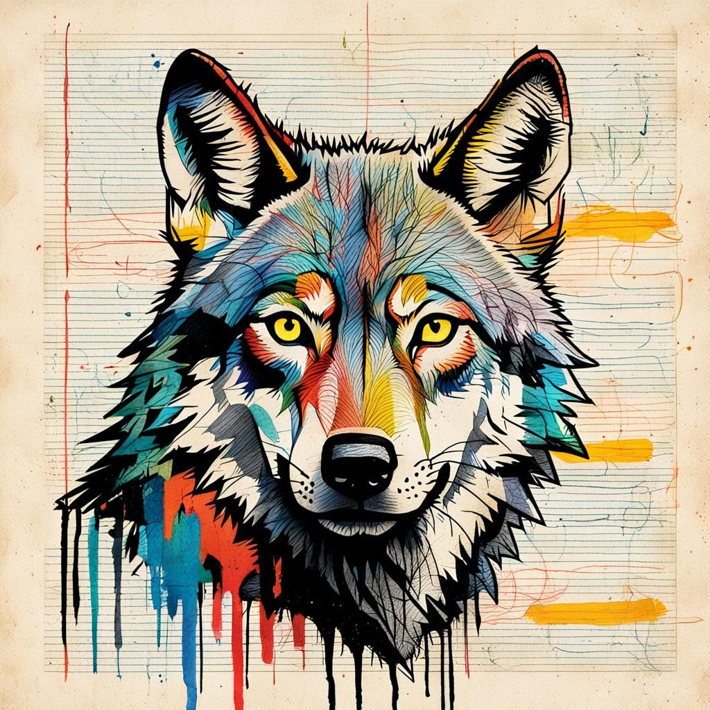 Colorful Wolf Sketch on Notebook Paper