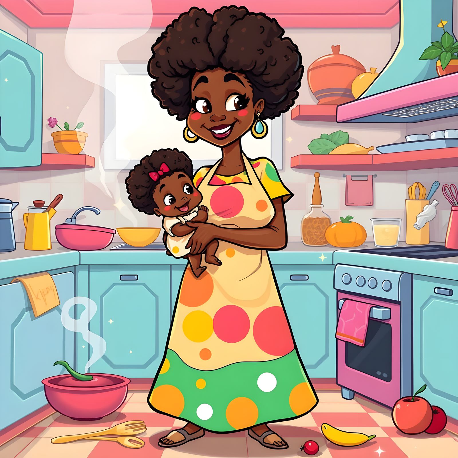 Cartoon Afro Mom Cooking with Baby in Kitchen
