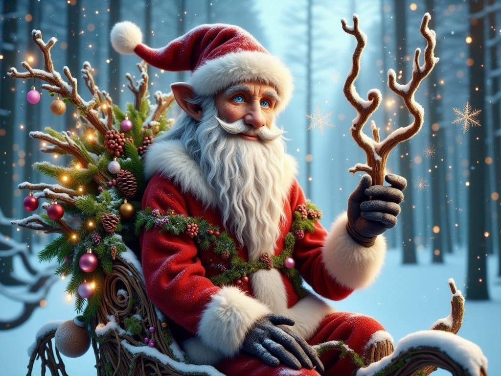 Santa Tree Ent on Sleigh in Winter Forest