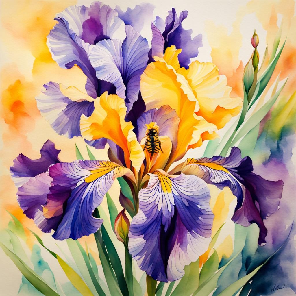 Floral Watercolour Study: Iris and Bee in Abstract