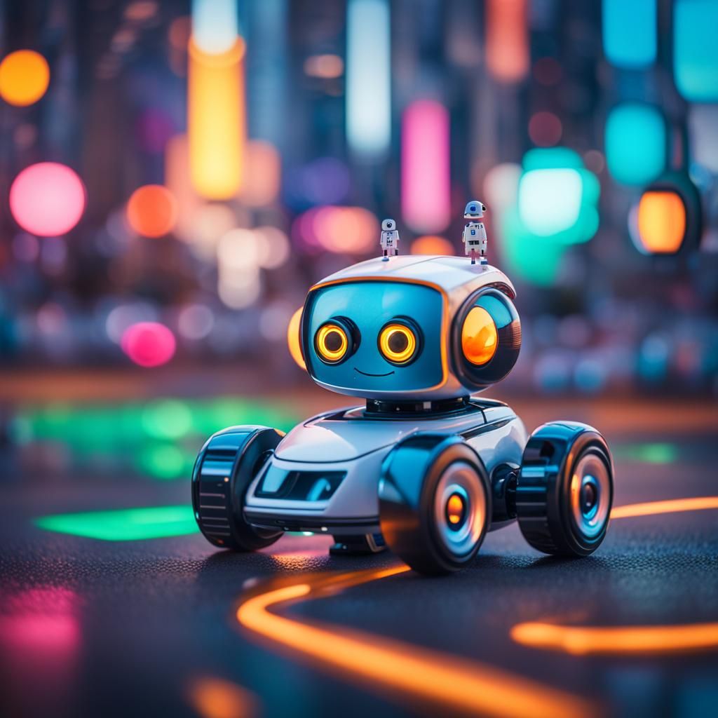 Cute Asymmetrical Robot in Sci-Fi City with Plush Toy