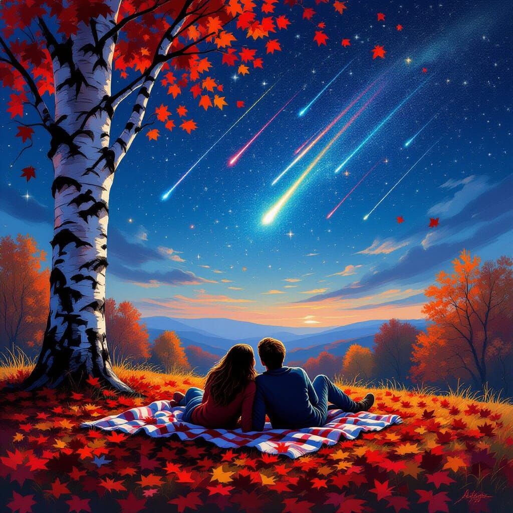 Couple Gazing at Meteor Shower Under Birch Tree