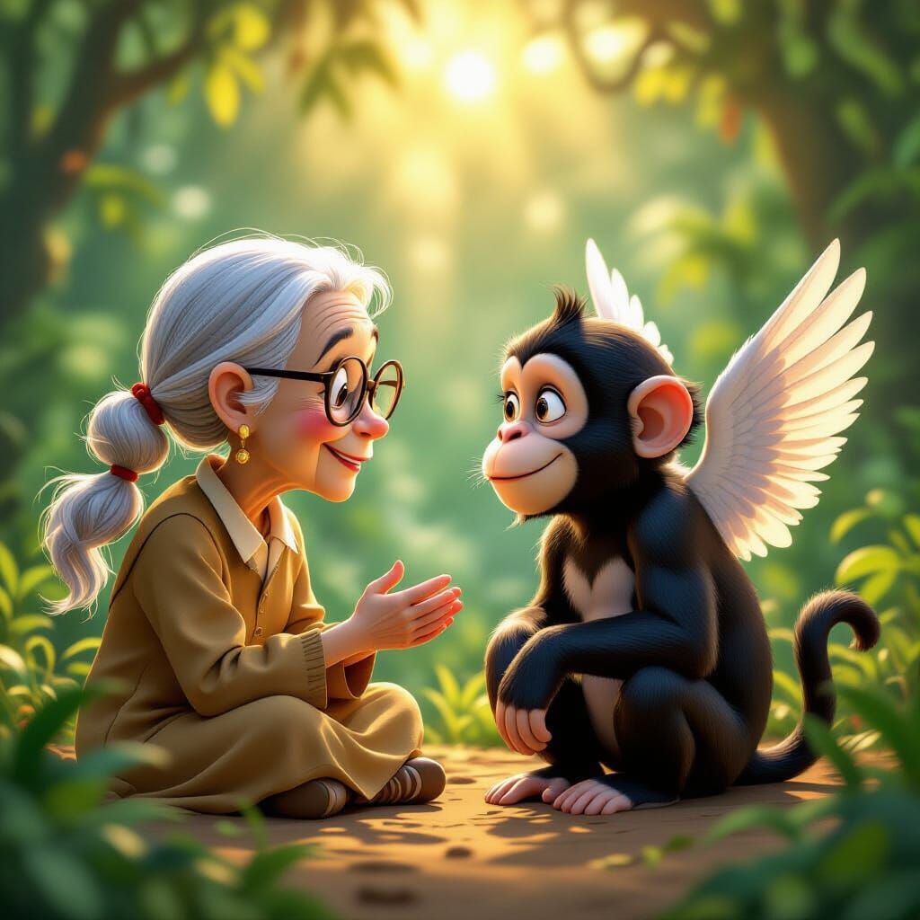 Jane Goodall and Chimpanzee Angels in Whimsical Jungle