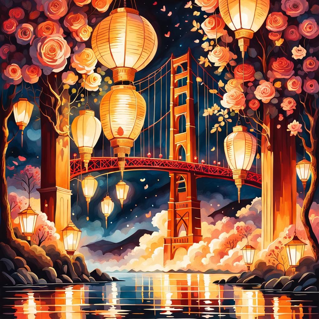 Romantic Golden Gate Illustration with Lanterns