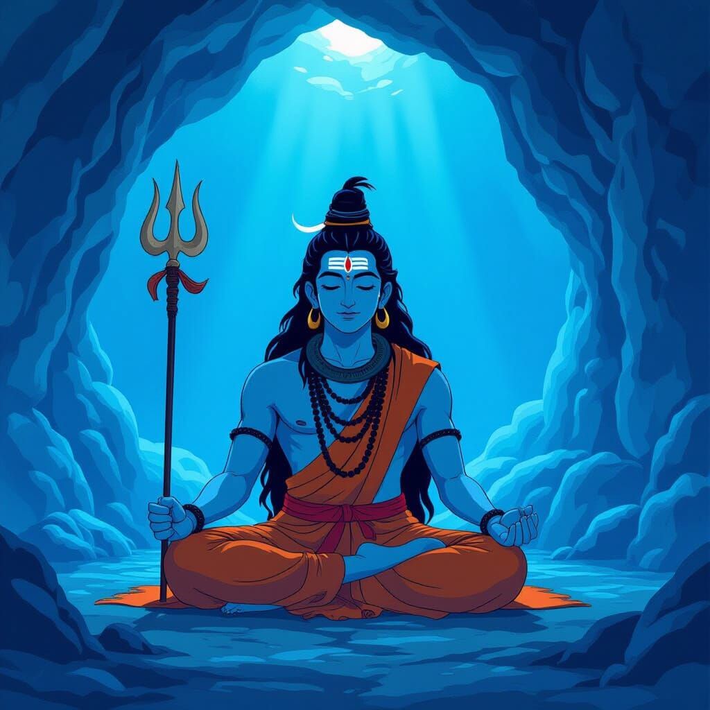 Lord Shiva Meditating in Ghibli-Style Luminous Cave