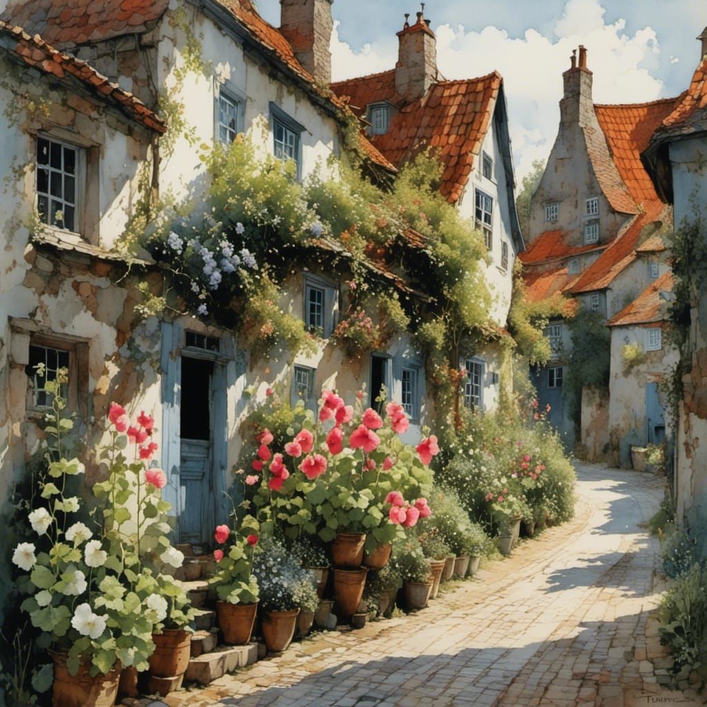 Charming Street Scene in Rønne with Hollyhocks