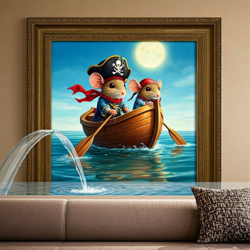 Cozy Living Room with Whimsical Pirate Mice Artwork