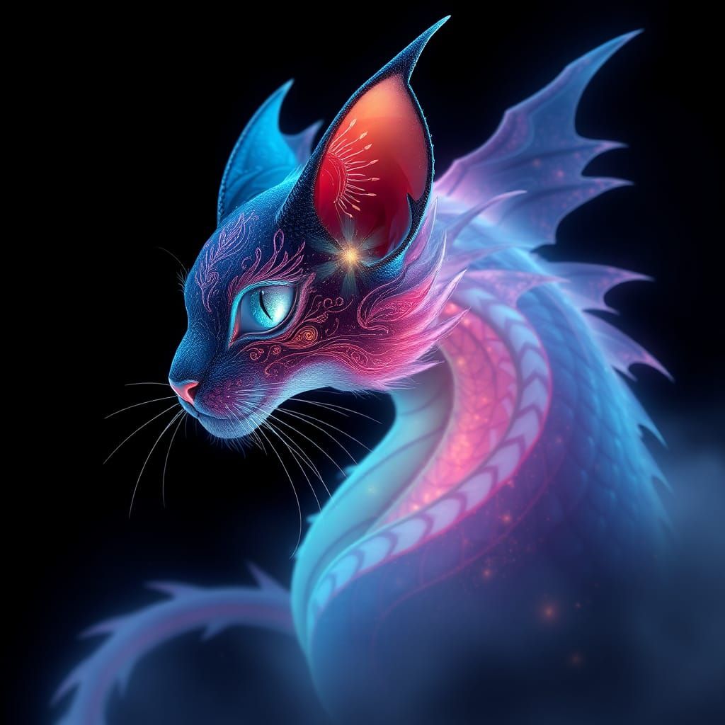 Bioluminescent Dragon Cat with Ethereal Glow