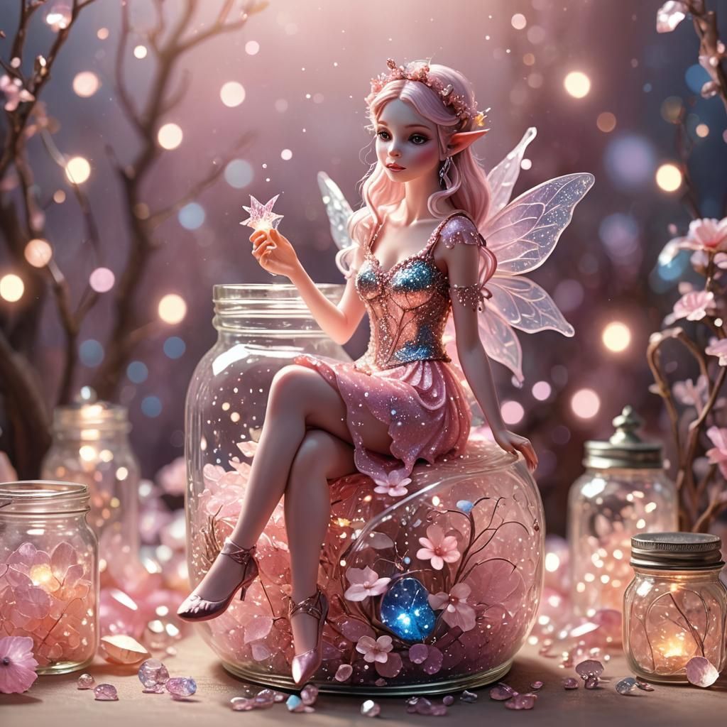 Pink Fairy Elf on Crystal Jar: Whimsical Illustration