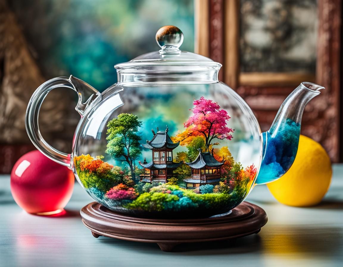 Miniature Landscape Inside Glass Teapot, Ink and Watercolor