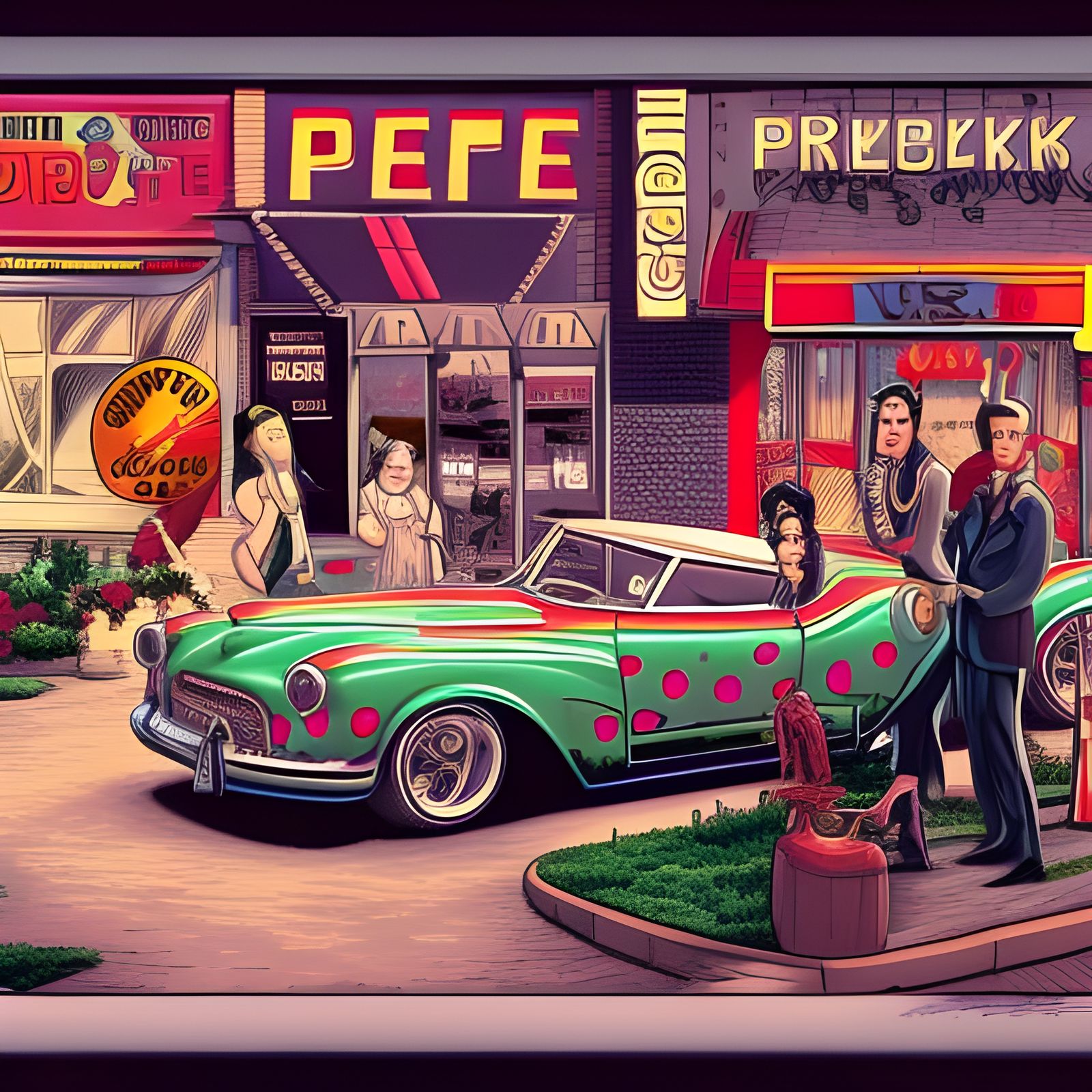 Vintage Car and Milkshake Shop, Comic Book Style