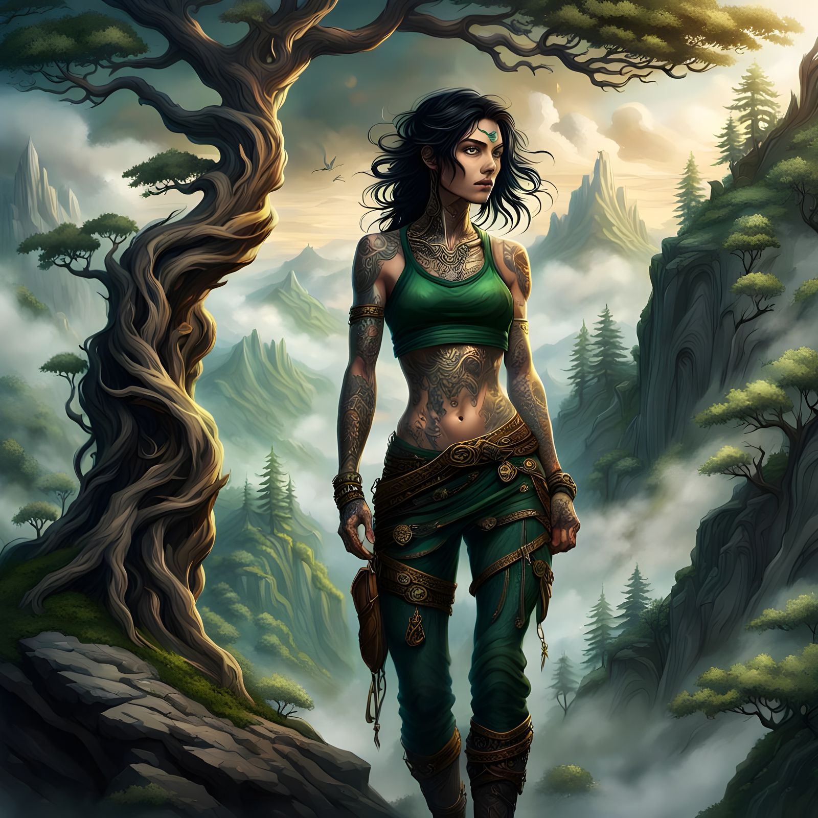 Tattooed Woman Climbing Mountain: Fantasy Concept Art