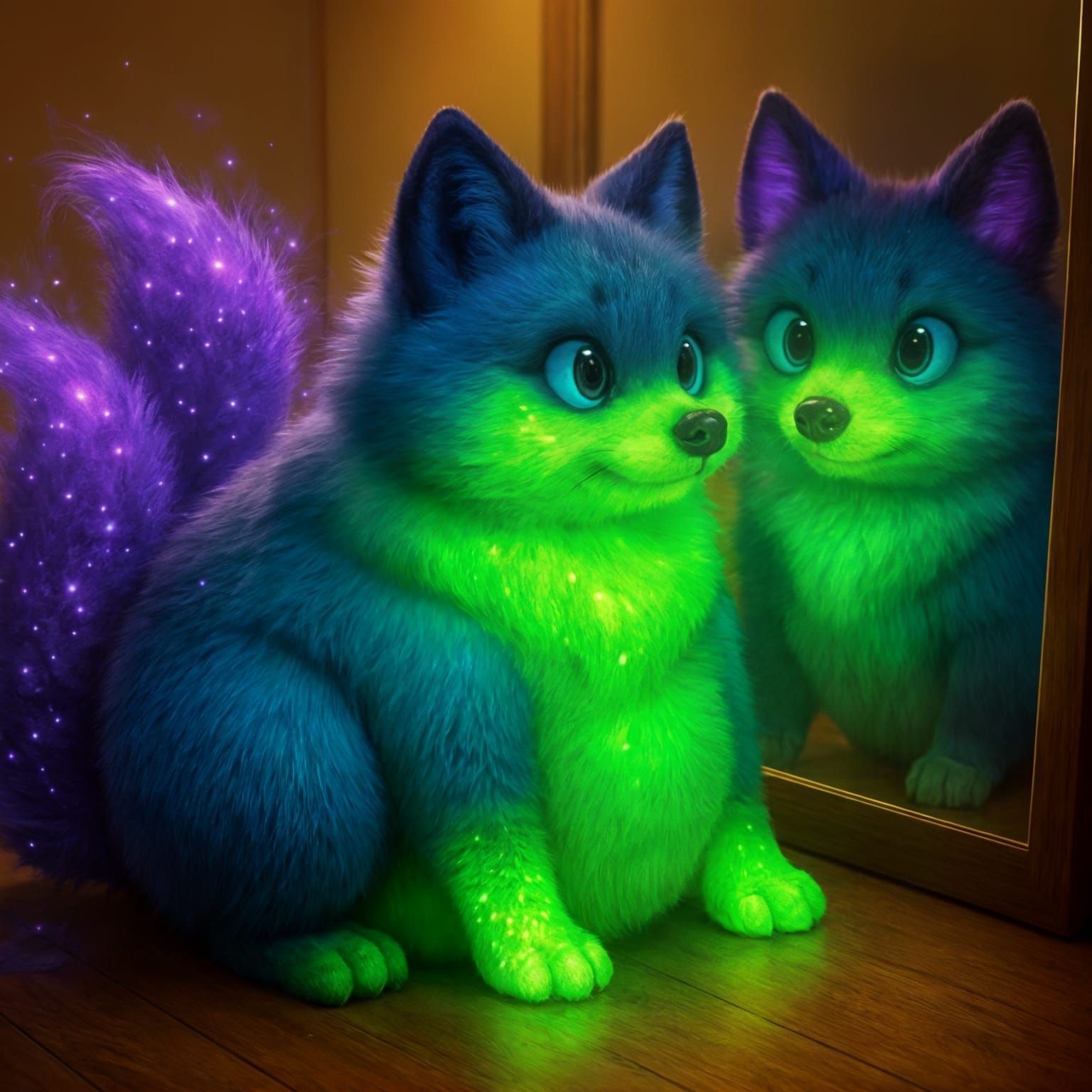 Overweight Glowing Fox Gazing at Reflection