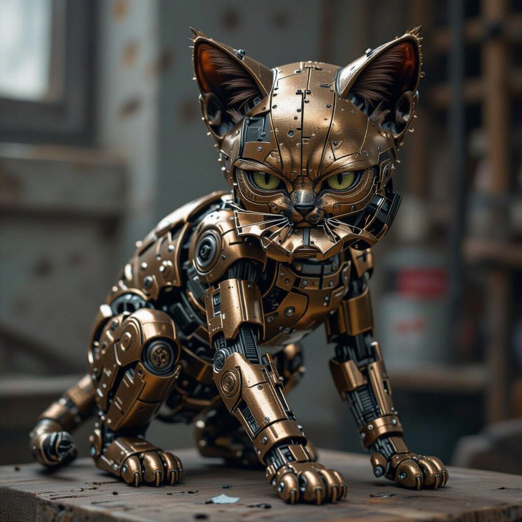 Photorealistic Cyborg Kitten with Human Faces and Bronze Fur
