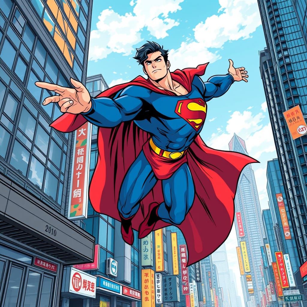Superman Flies Through Tokyo in Anime Style