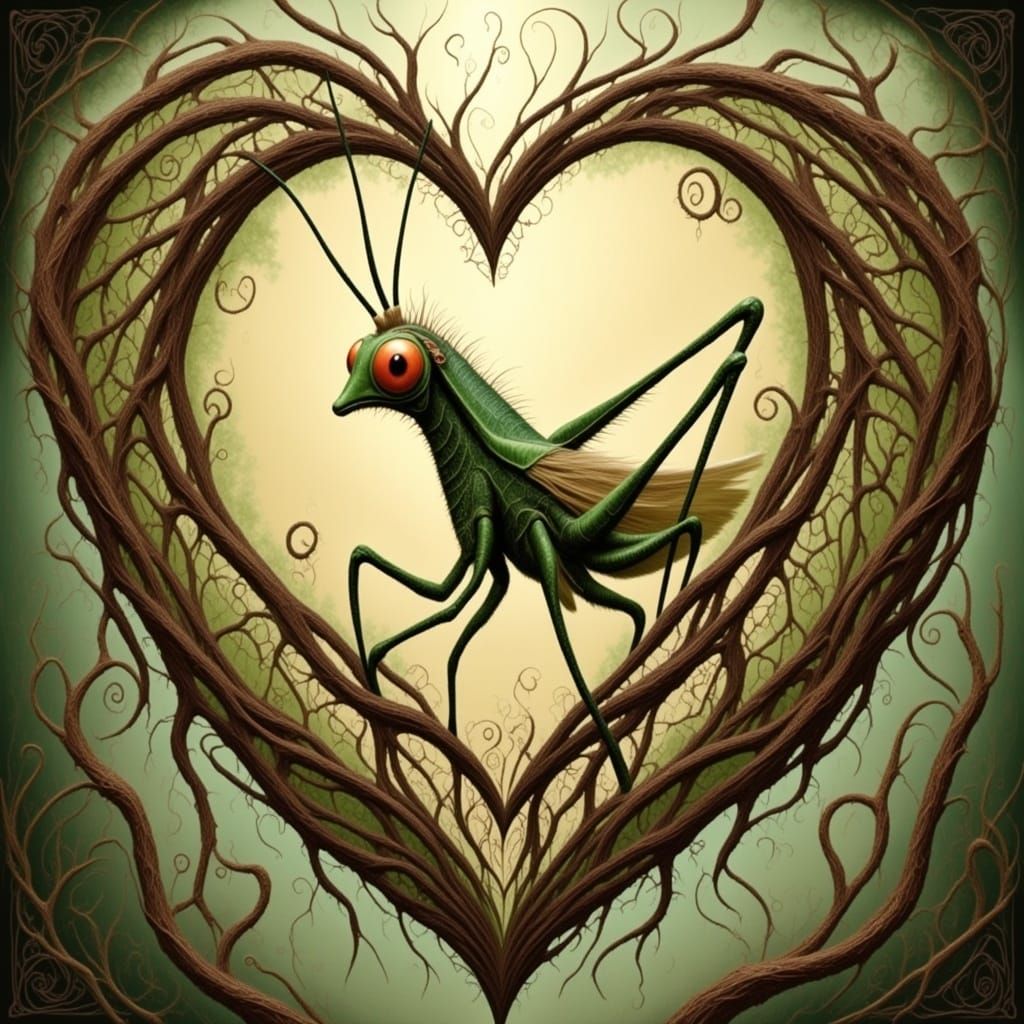 Camel Cricket Amidst Whimsical Heart Twig Weave