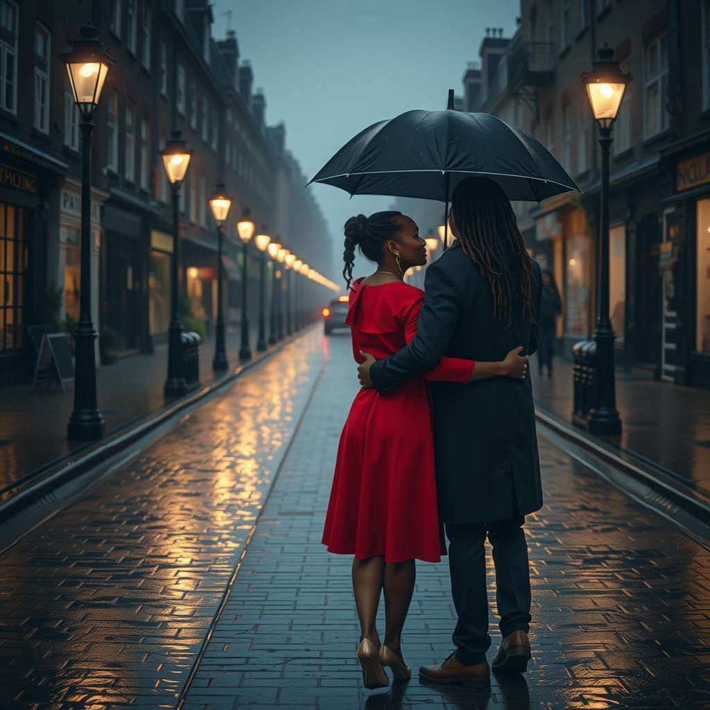 Couple Shares Umbrella on Rainy Twilight Street