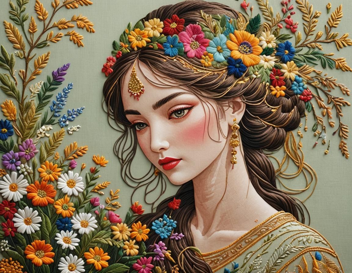 Exquisite Embroidered Portrait with Wildflower Adornments