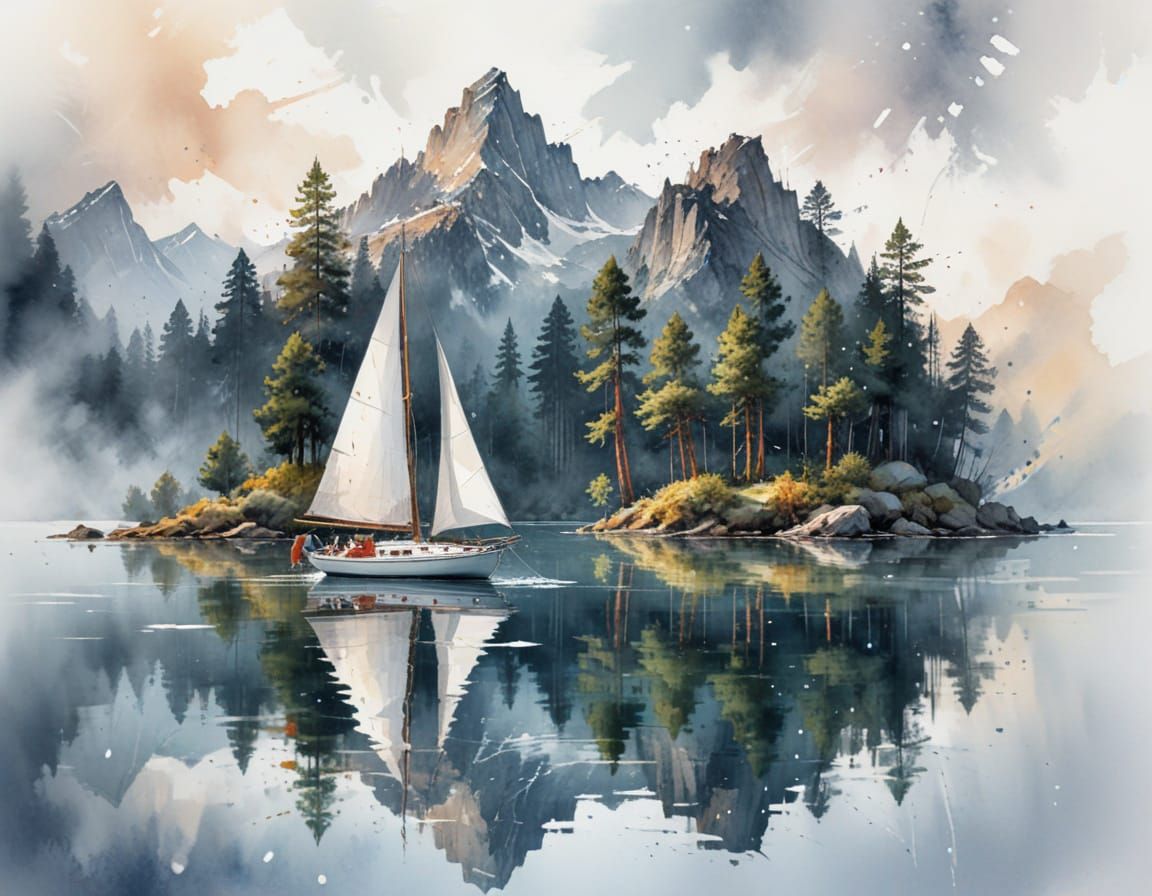 Tranquil Sailboat on Alpine Lake at Night