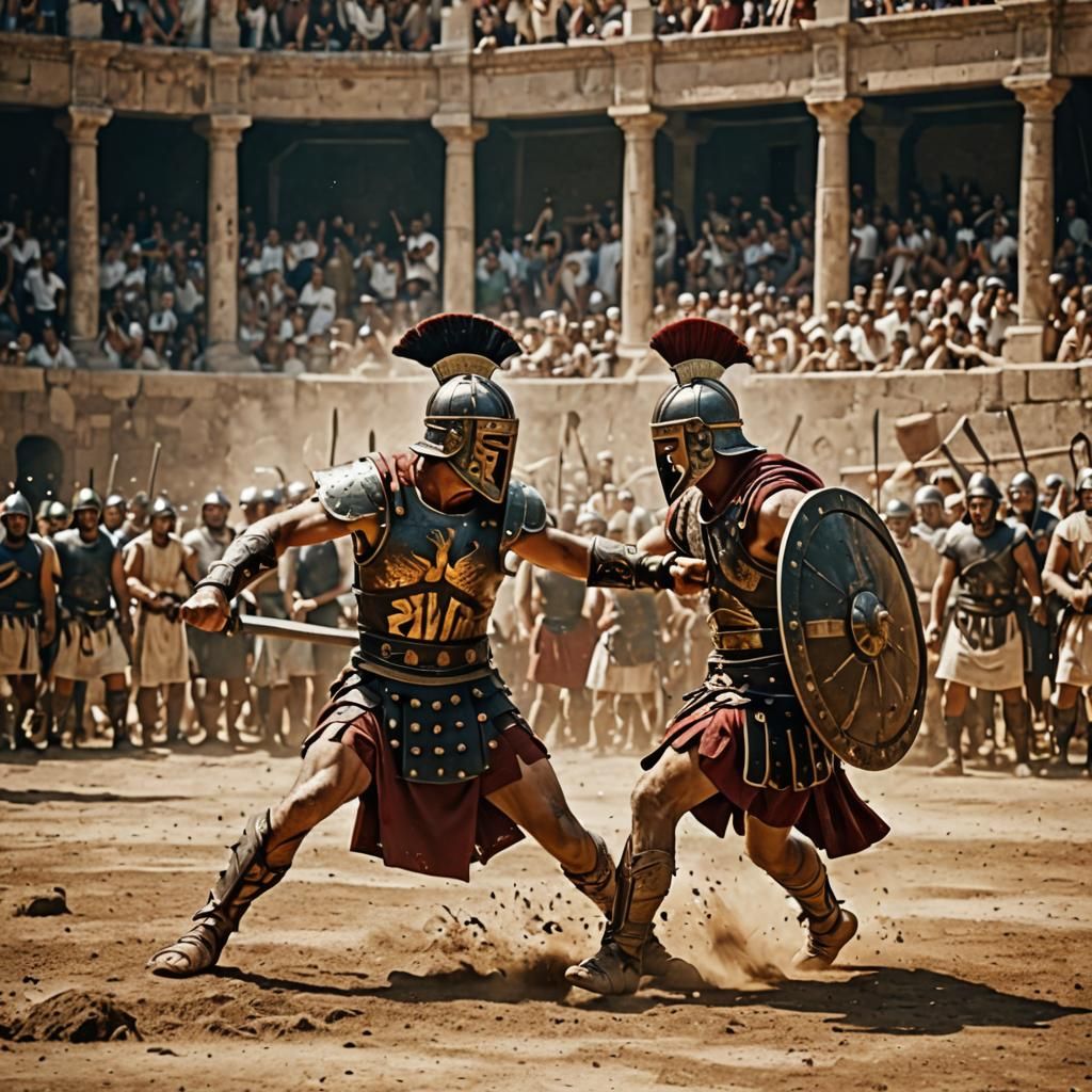 Gladiators Clash in Ancient Arena Before Raging Crowd