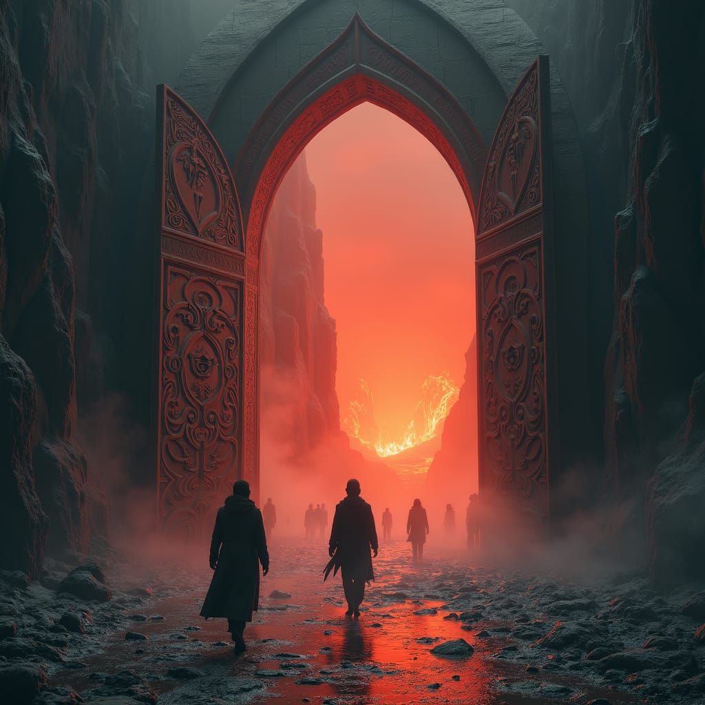 Ornate Gothic Gates Open to Fiery Realm