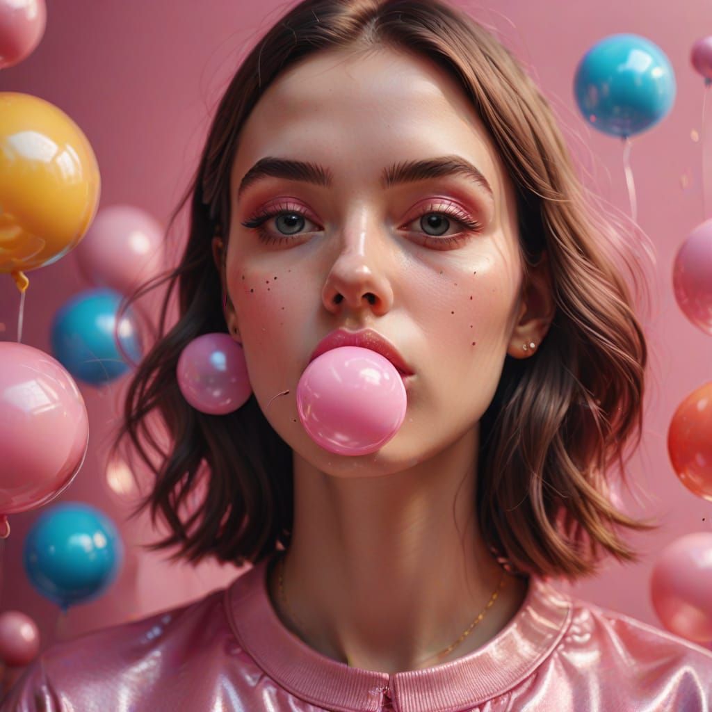 Vibrant Girl Blowing Pink Bubblegum in a Bright Room