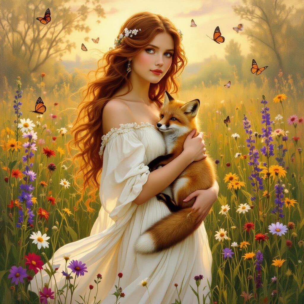 Woman with Fox in Meadow, Pre-Raphaelite Style