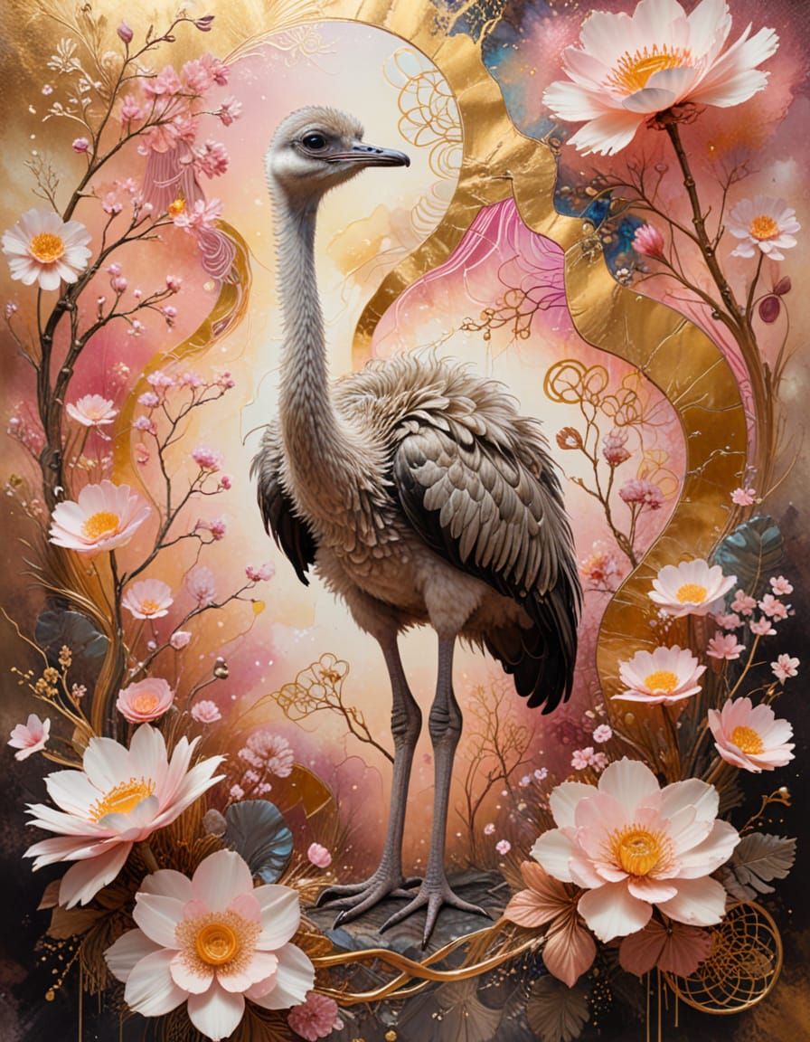 Surreal Ostrich and Duckling in Kintsugi Style