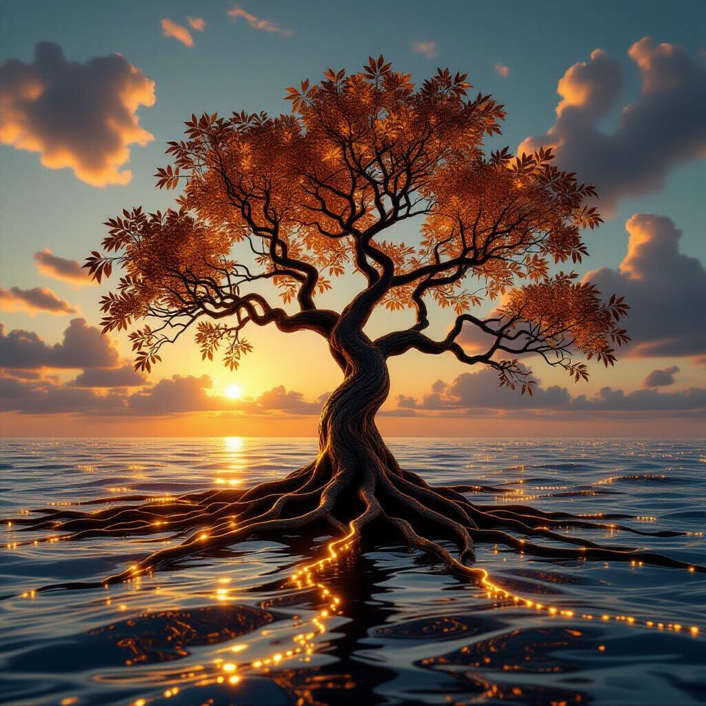 Ancient Tree in Molten Gold Landscape