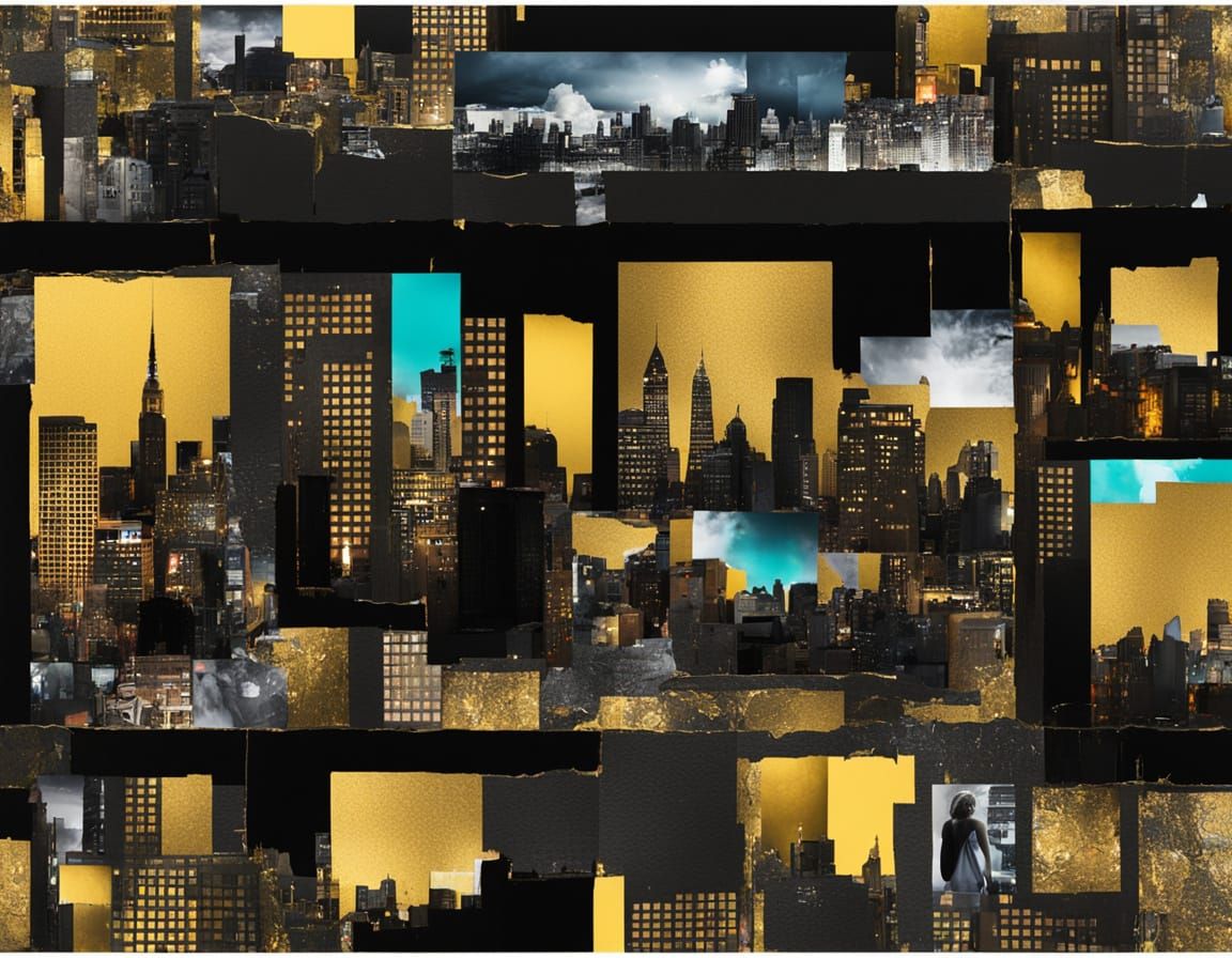 Golden Torn Paper Nightscape with Bronze Neon