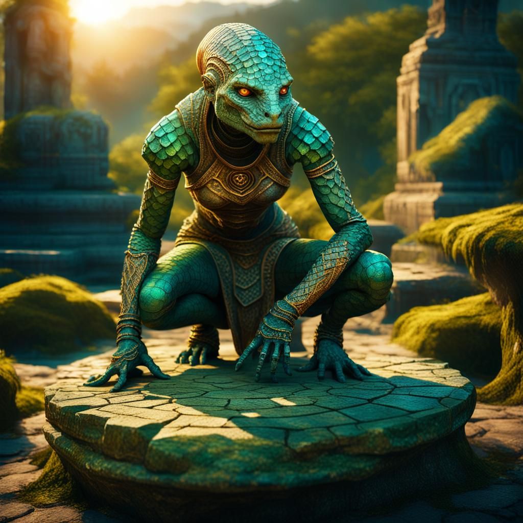 Reptilian Woman on Stone Pedestal: Fantasy Art