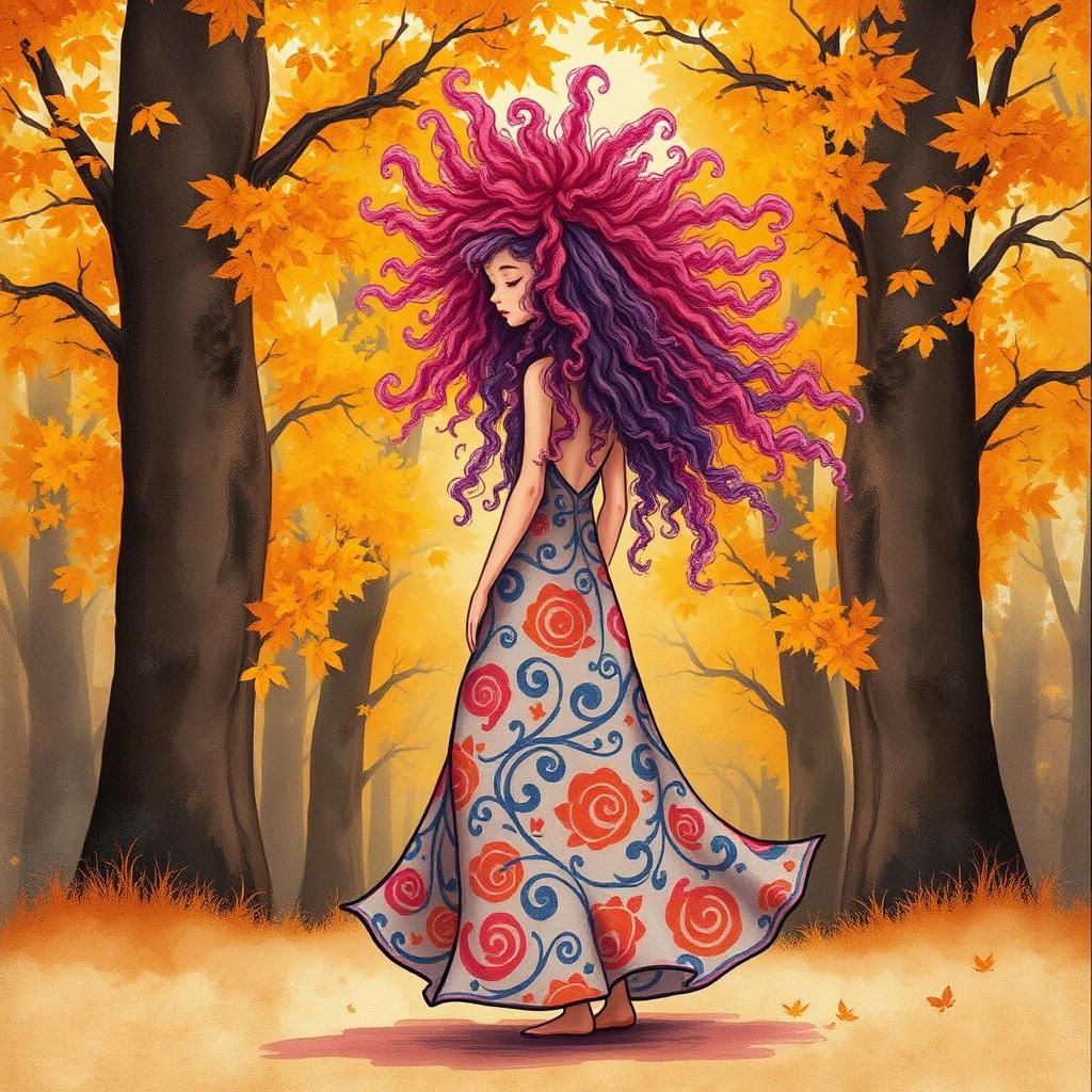 Whimsical Child in Autumn Landscape, Vintage Illustration