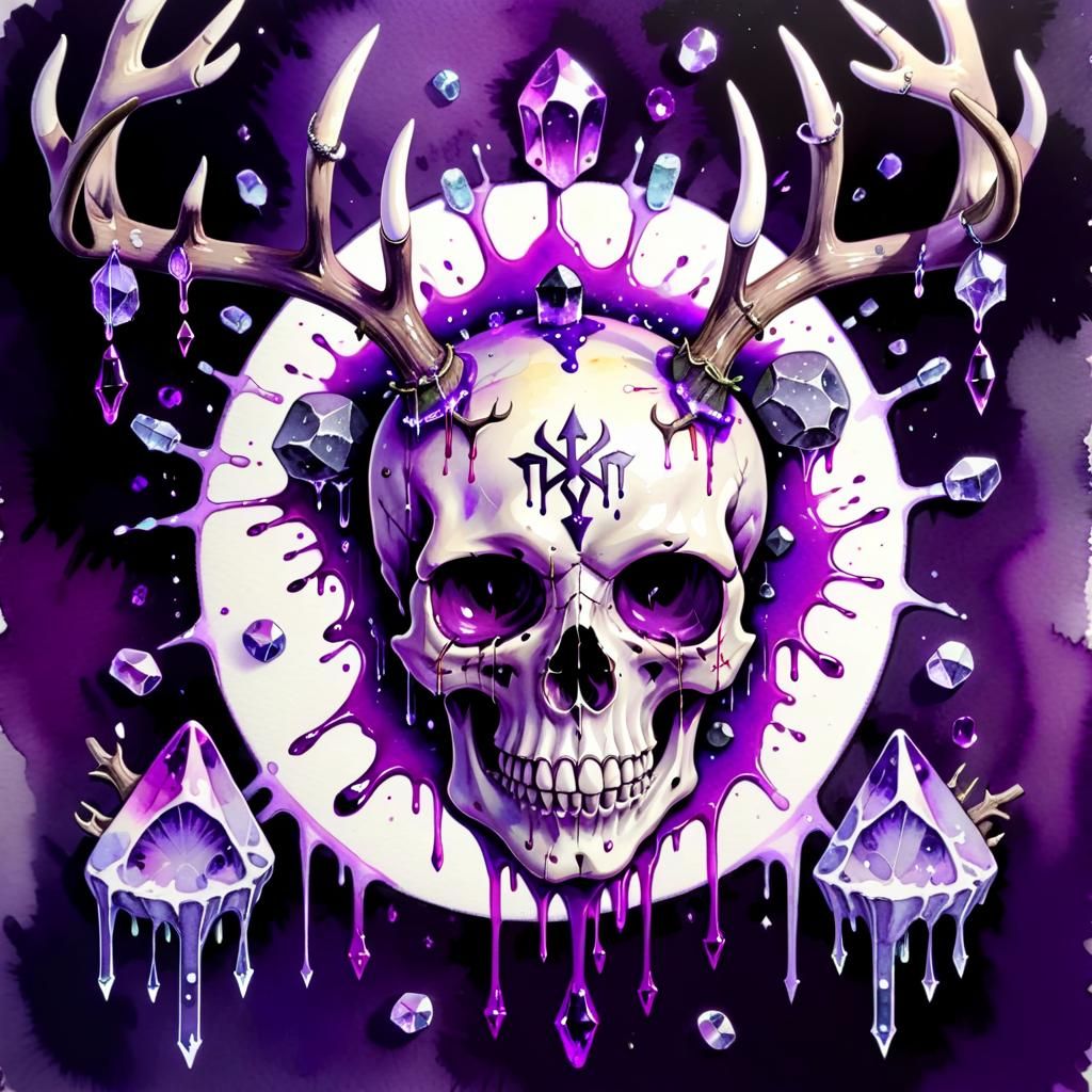 Pastel Goth Skull with Antlers in Watercolour