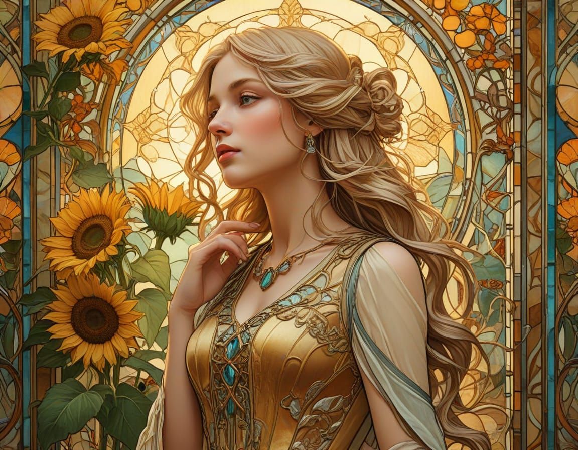 Art Nouveau Beauty by Sunlit Window in Golden Hour