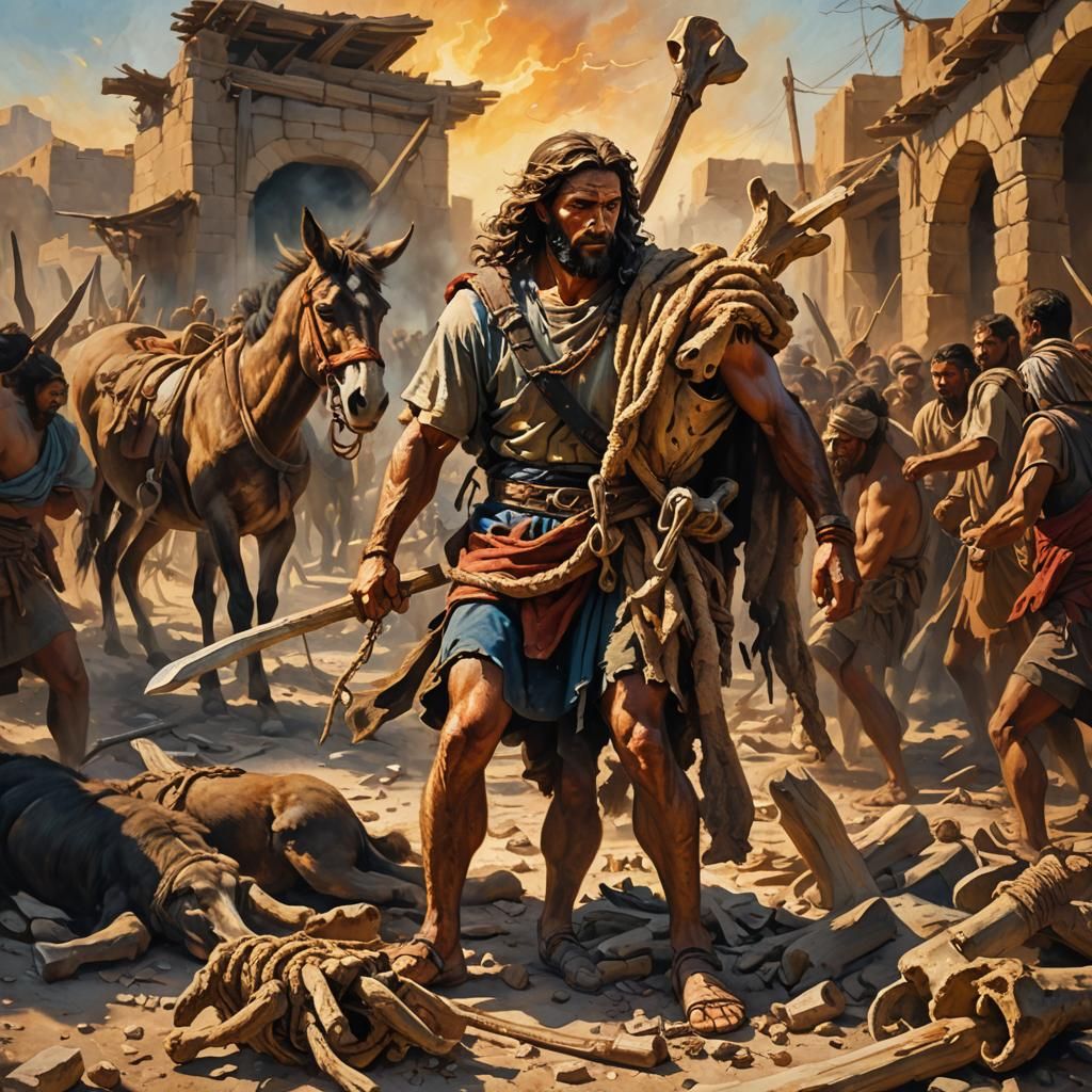 Samson's Victory: Biblical Scene in Oil Painting