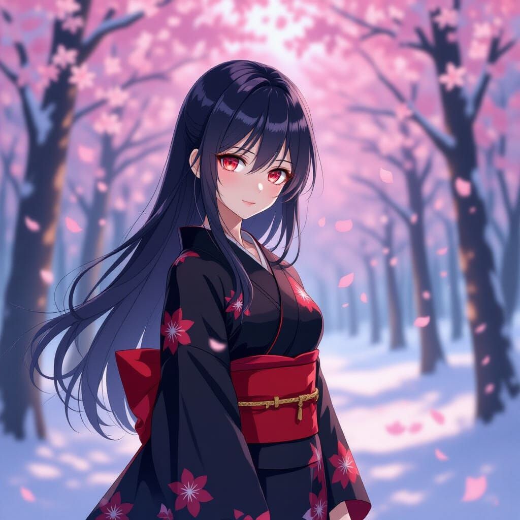 Anime Woman in Snowy Forest with Falling Cherry Blossoms