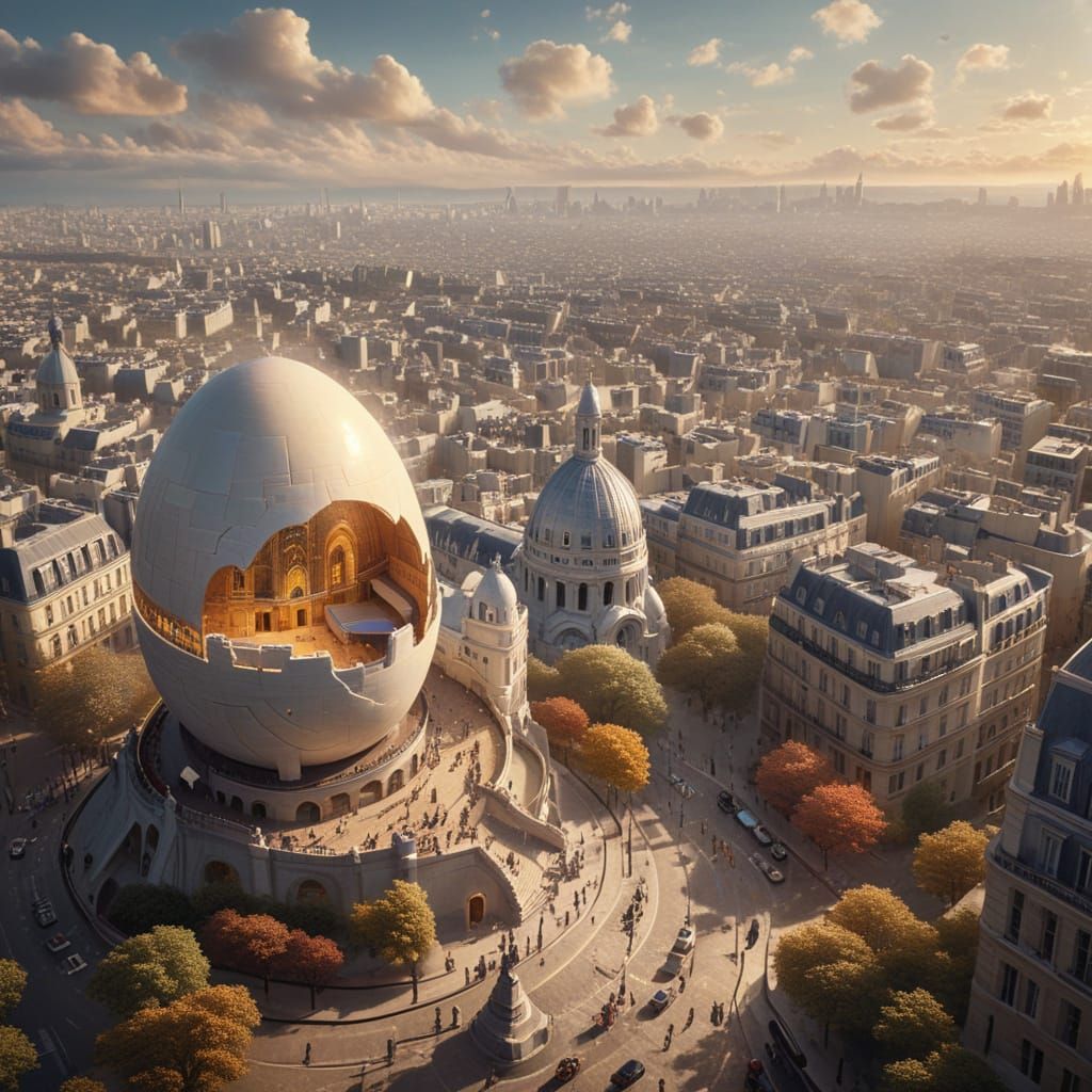 Surreal Panoramic View: Sacré-Cœur Basilica in Egg