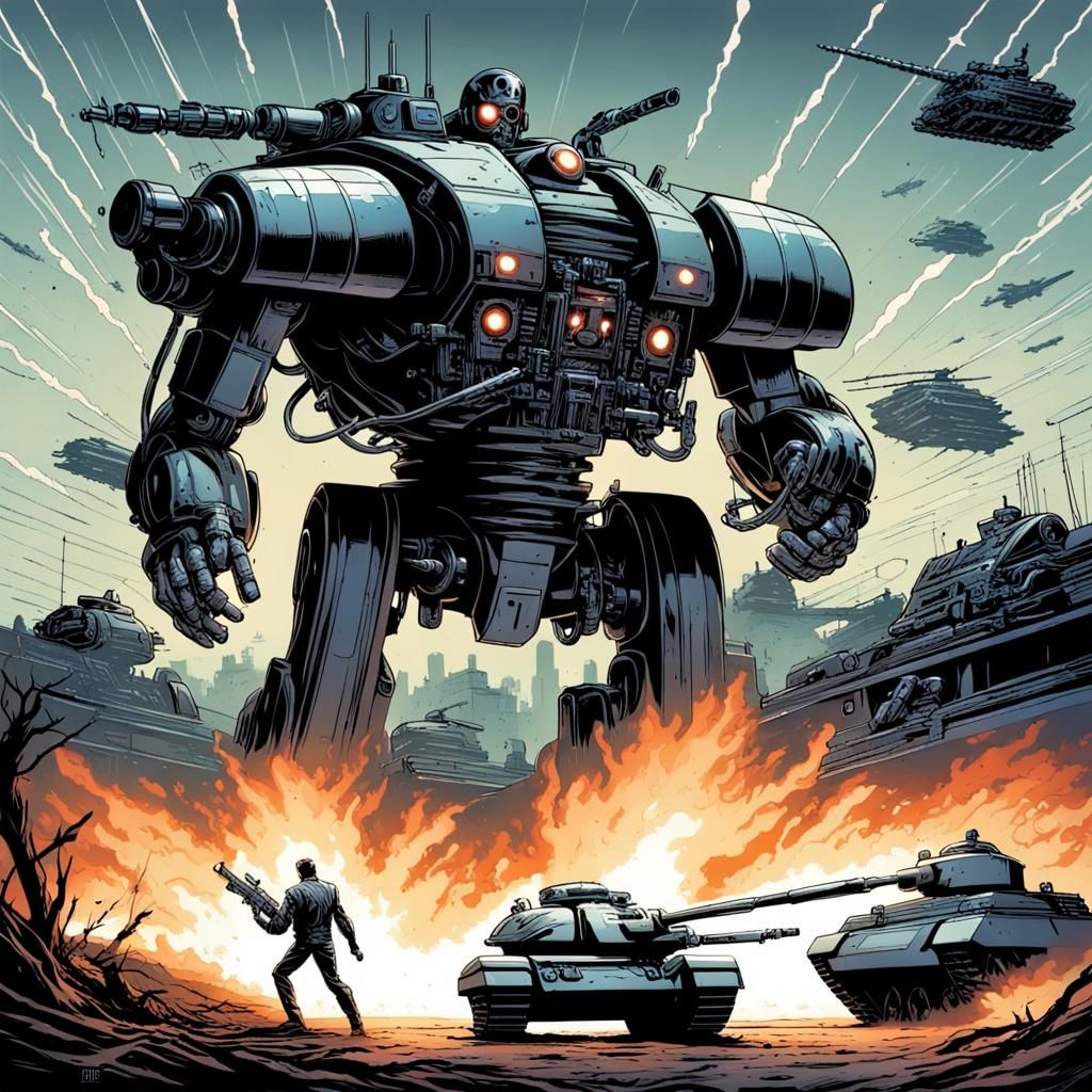 Terminator with Flying Tank in Comic Book Art