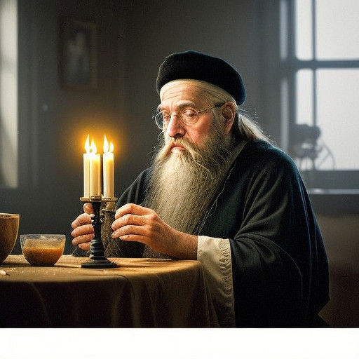 Elderly Ultra-Orthodox Jew Lights Menorah in Vintage Atmosph...