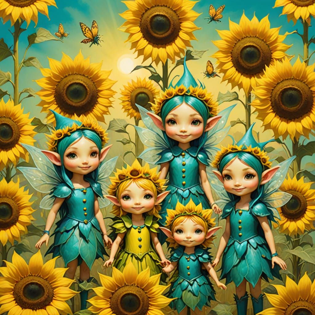 Whimsical Fairy Hybrids Amidst Vibrant Sunflowers