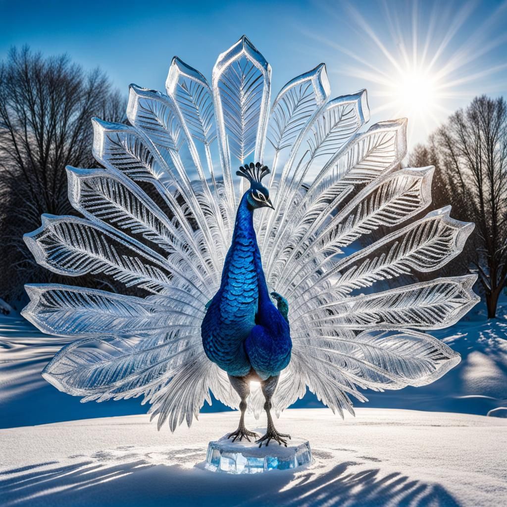 Intricate Ice Peacock Sculpture in Winter Sunlight