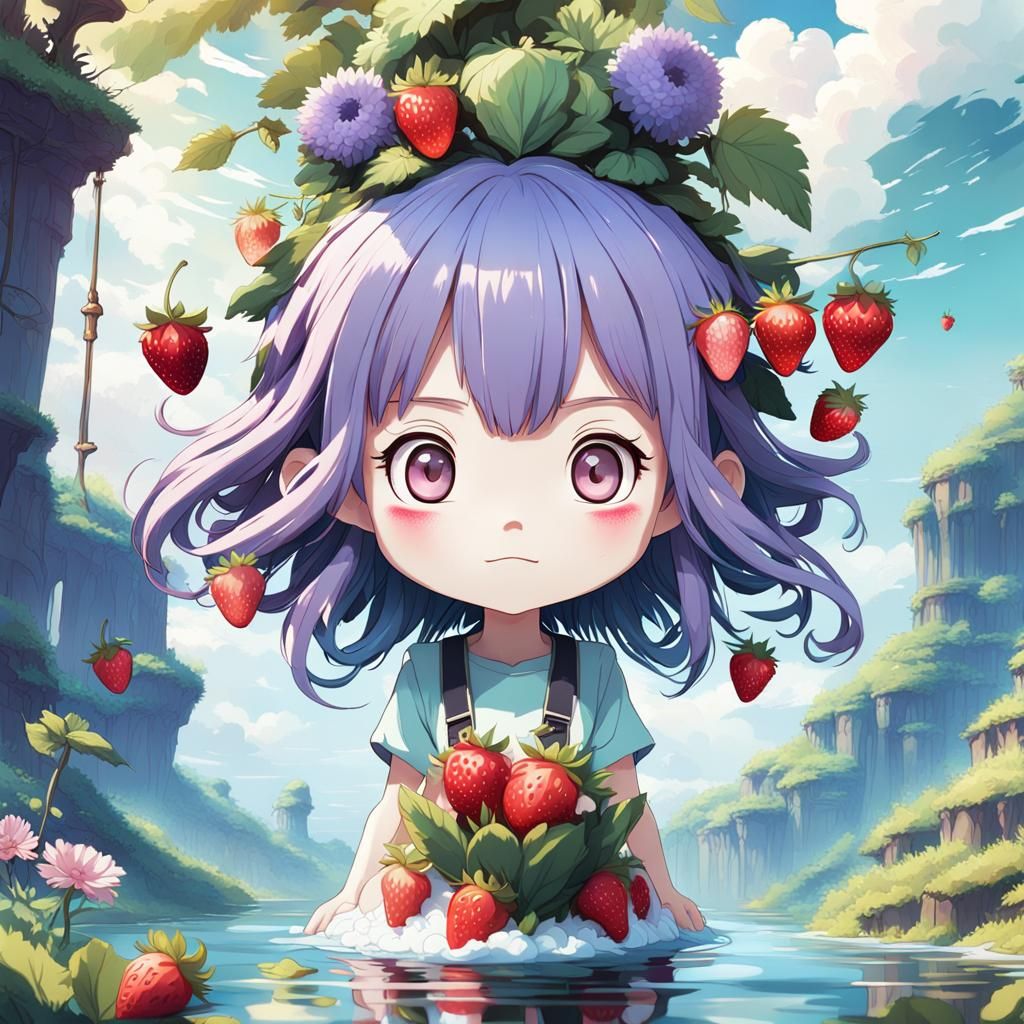 Charming Chibi Girl with Strawberry Hair in Ghibli Style