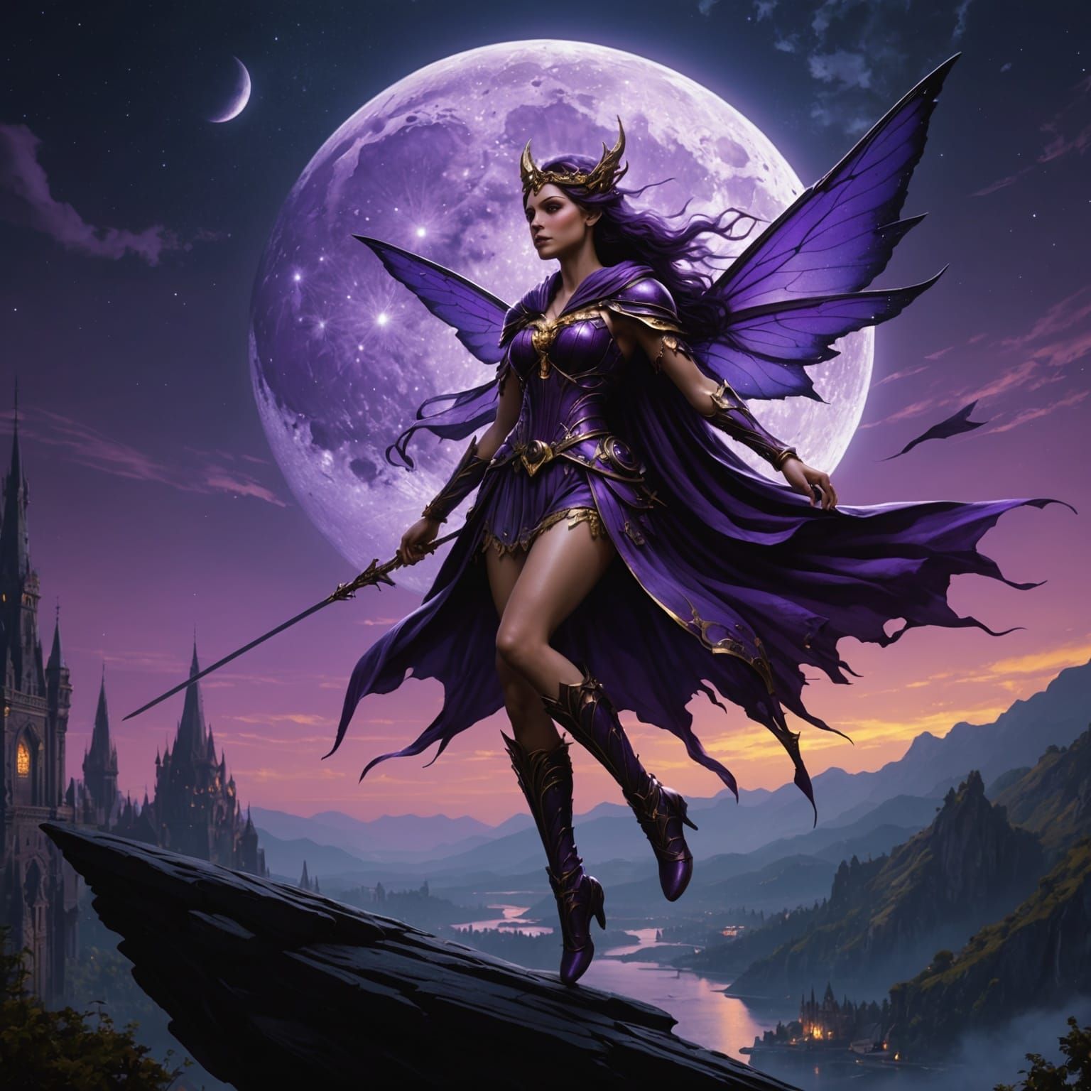 Glowing Dark Fairy in Purple Moonlight