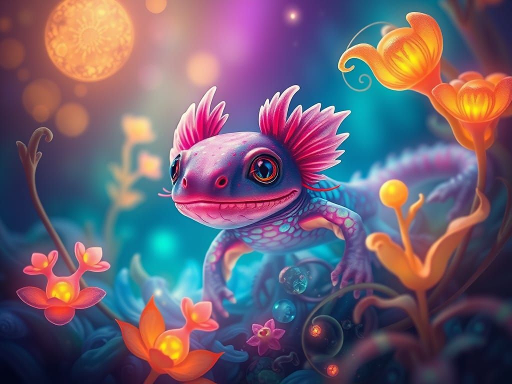 Whimsical Axolotl in Lush Aquatic Dreamscape