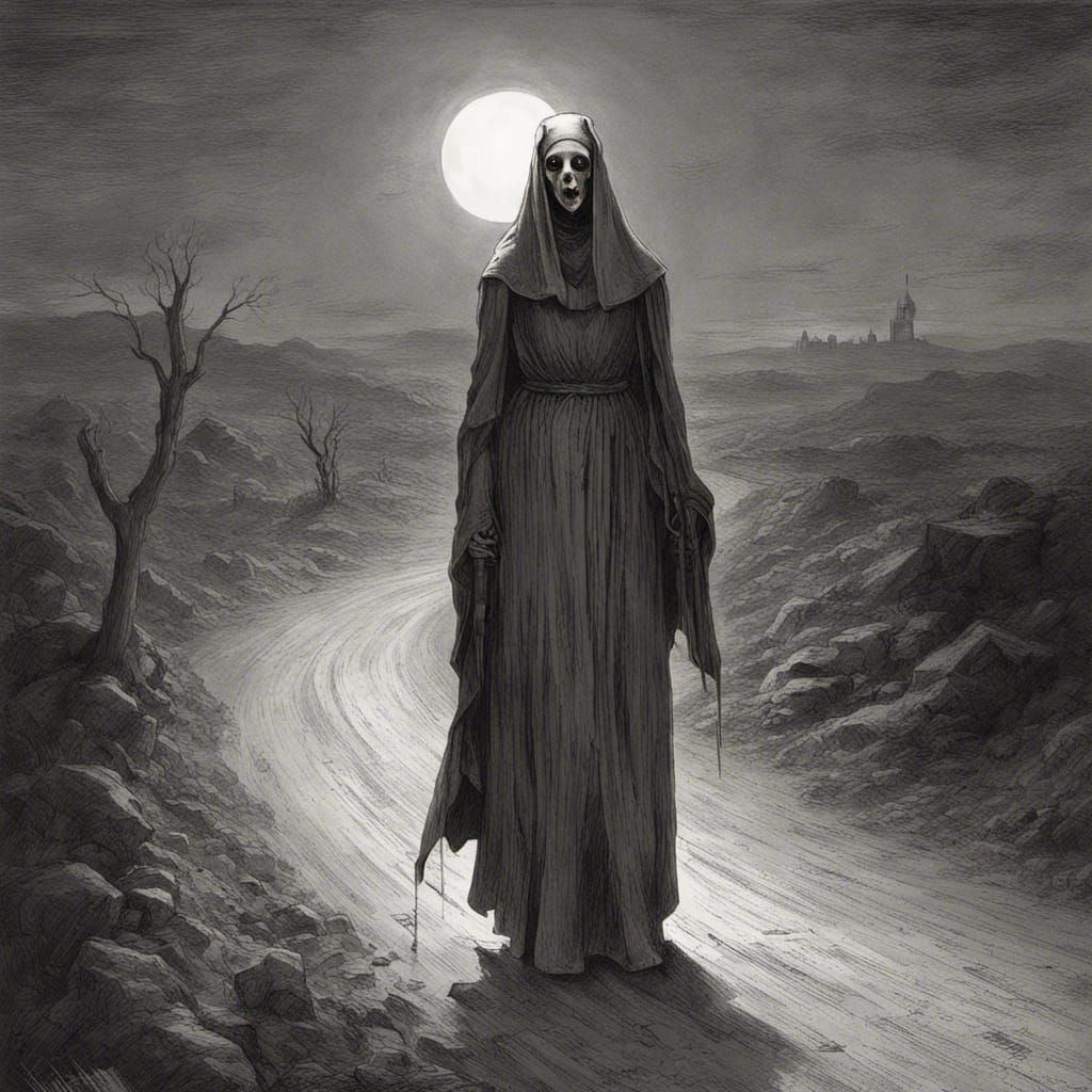 Ghost Nun Drags Bloody Cross on Lonely Road