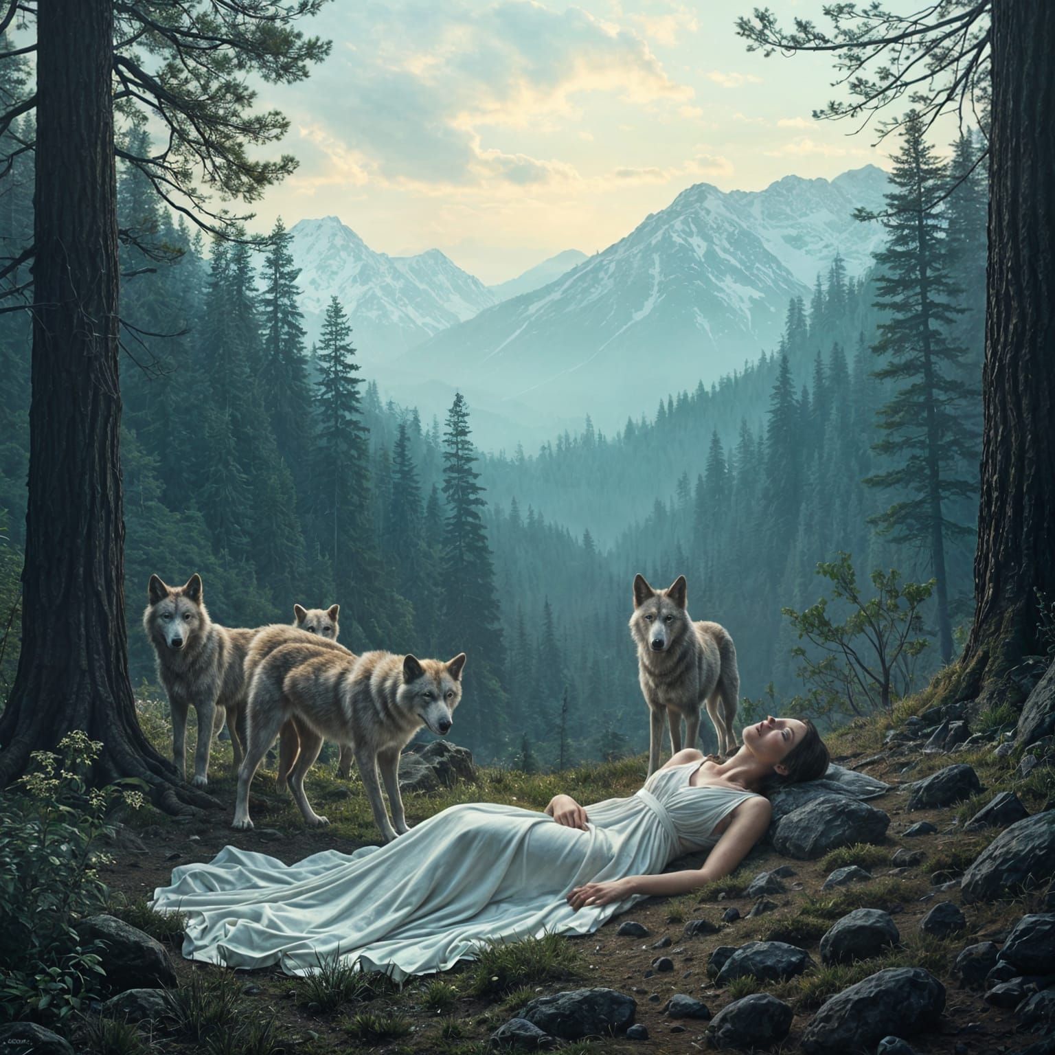 Wolf Hounds Guarding Sleeping Beauty in Forest