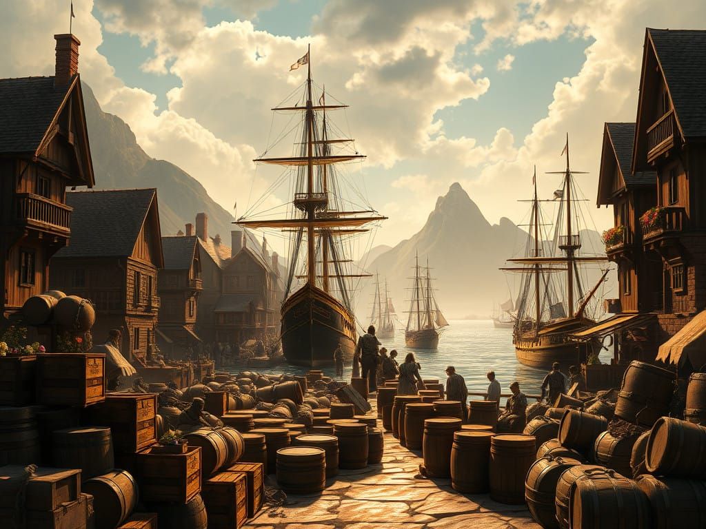 Vibrant 17th Century Pirate Town Unfolds in Golden Light