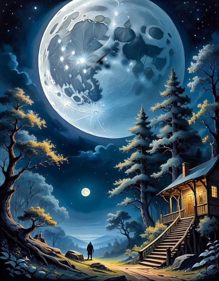Moonlit Treehouse Fantasy in Impressionist Gouache Style
