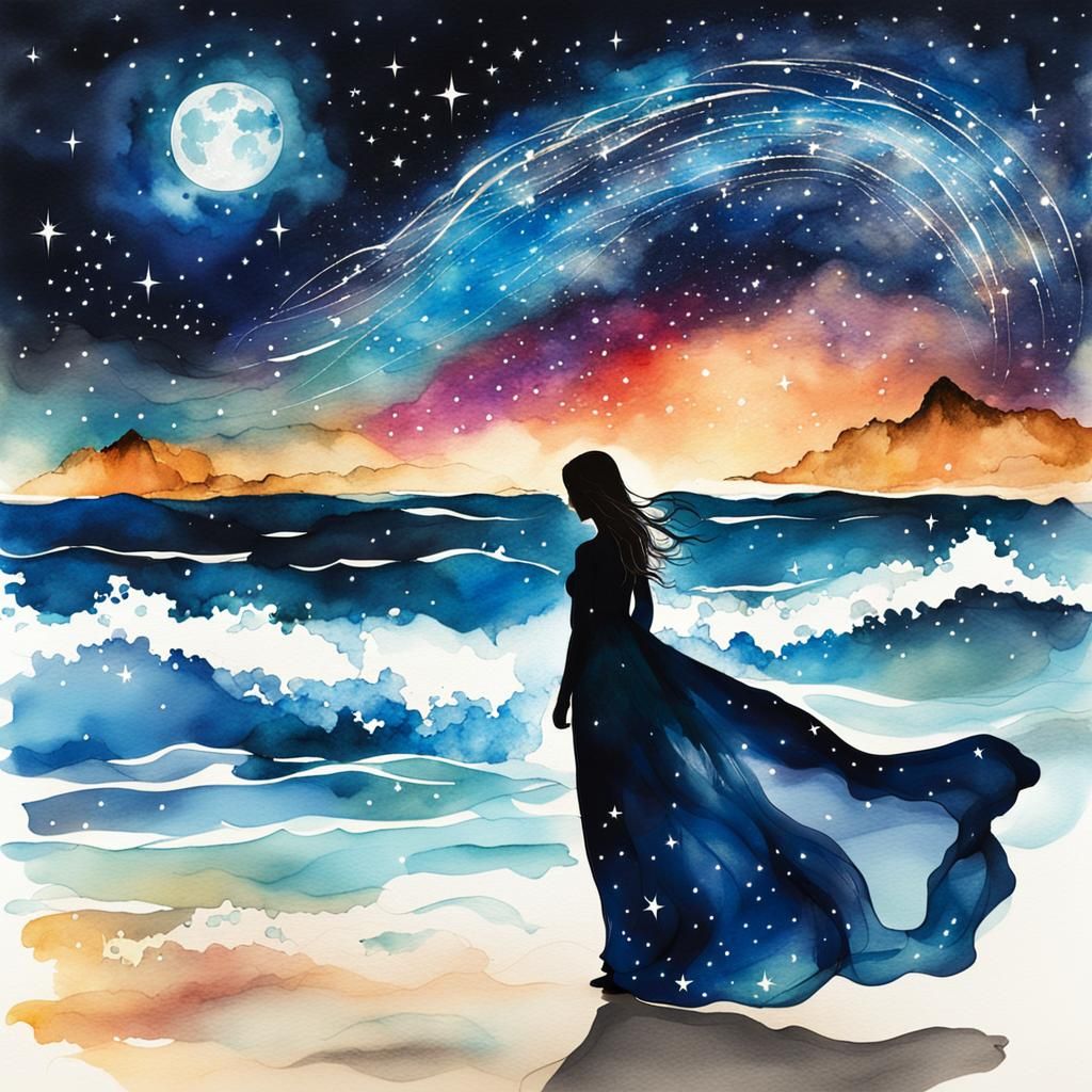 silhouette of a lonely young lady standing on a beach at nig...